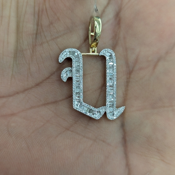 Real Natural Diamond 10kt Gold Baguette Style Initial U Pendant